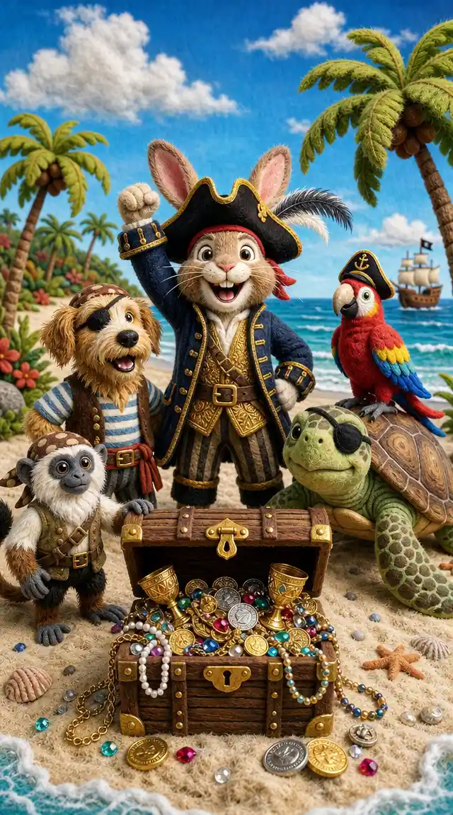 Pirate animal crew celebrating treasure on tropical beach
