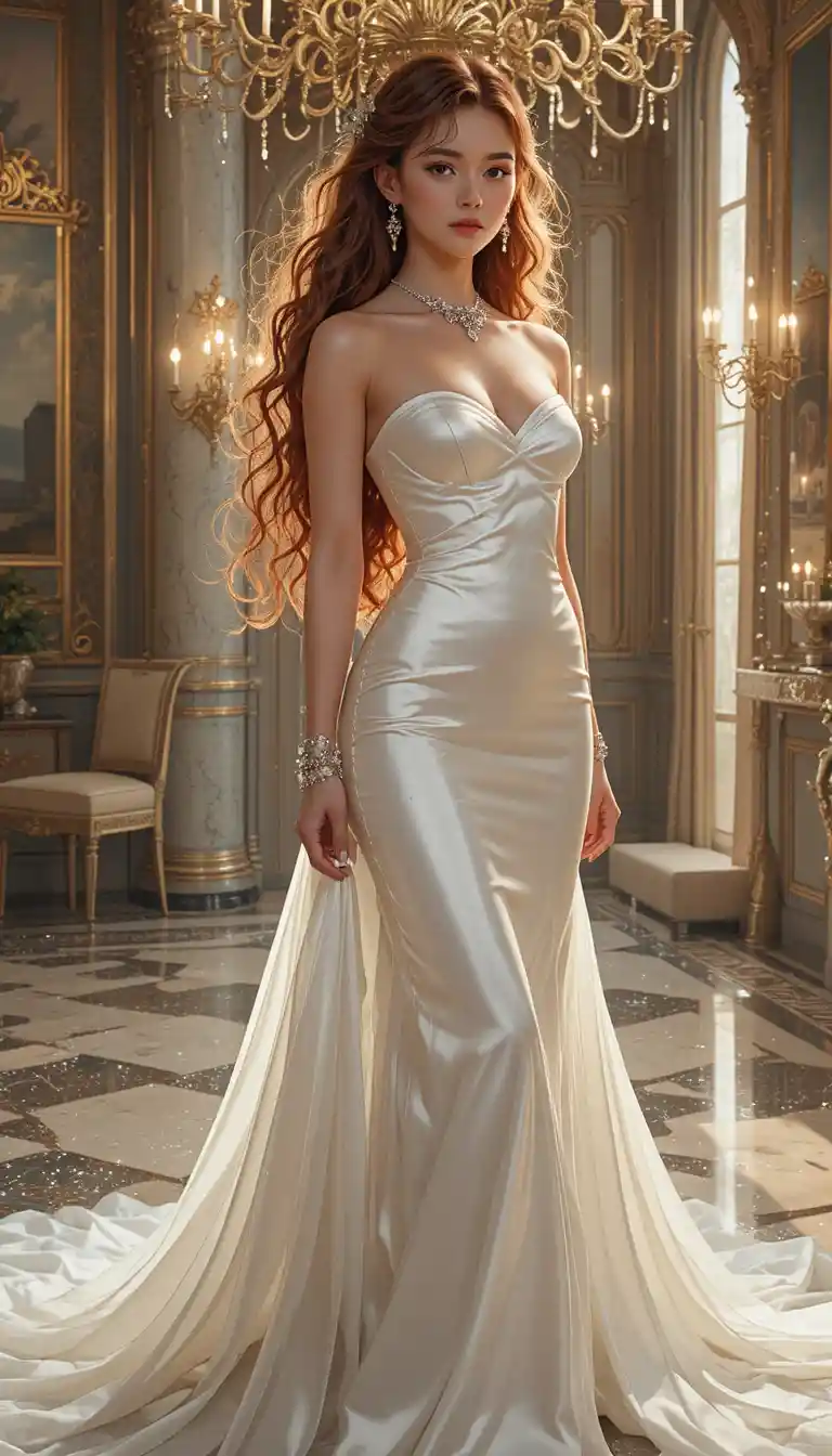 Young red haired girl in white satin bridal gown