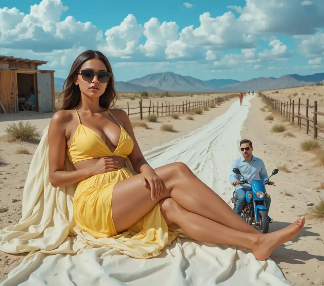 Mediterranean woman lounging in a yellow dress in a hammock