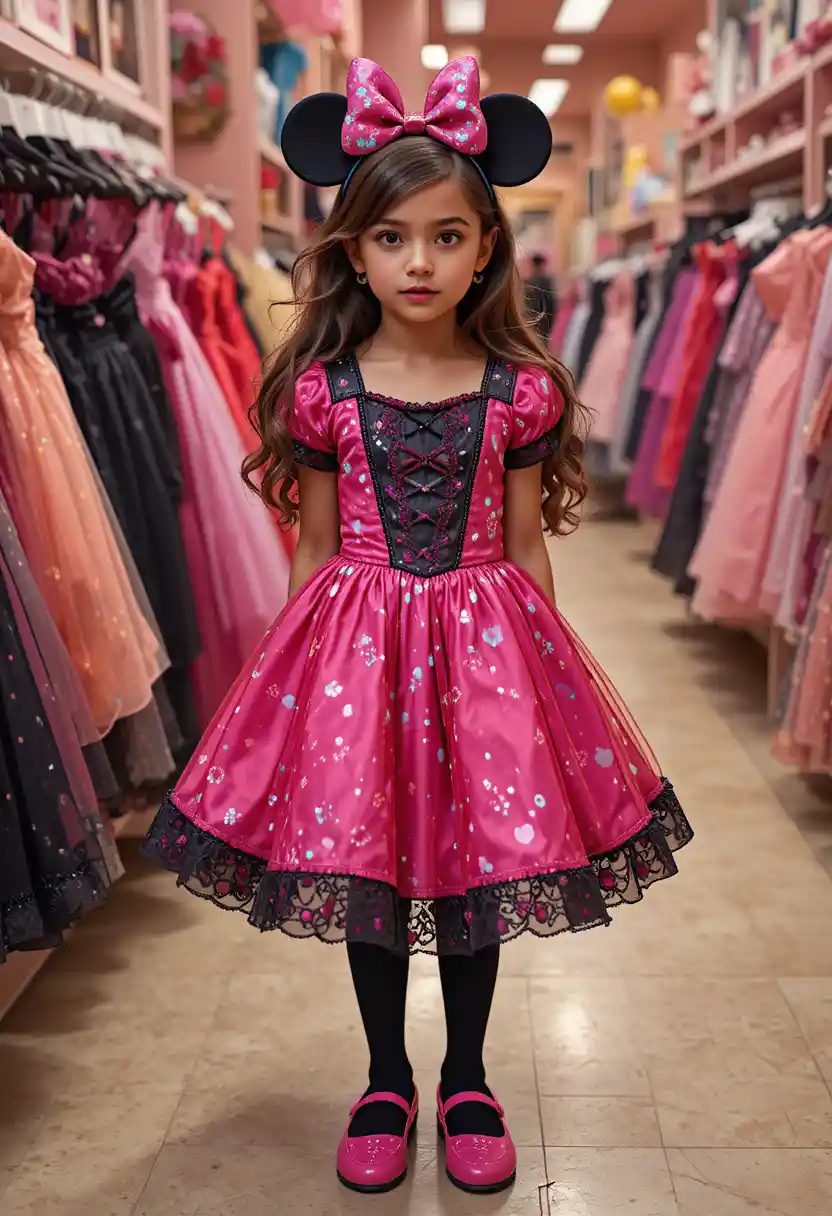Hispanic tween in hot pink Minnie dress and mouse ears