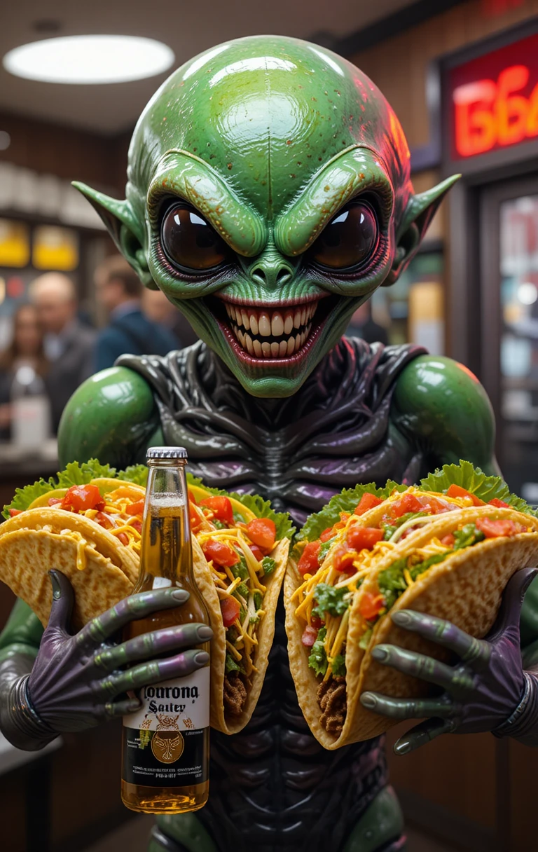 Creepy Alien Holding Tacos Inside A Fast Food Restaurant