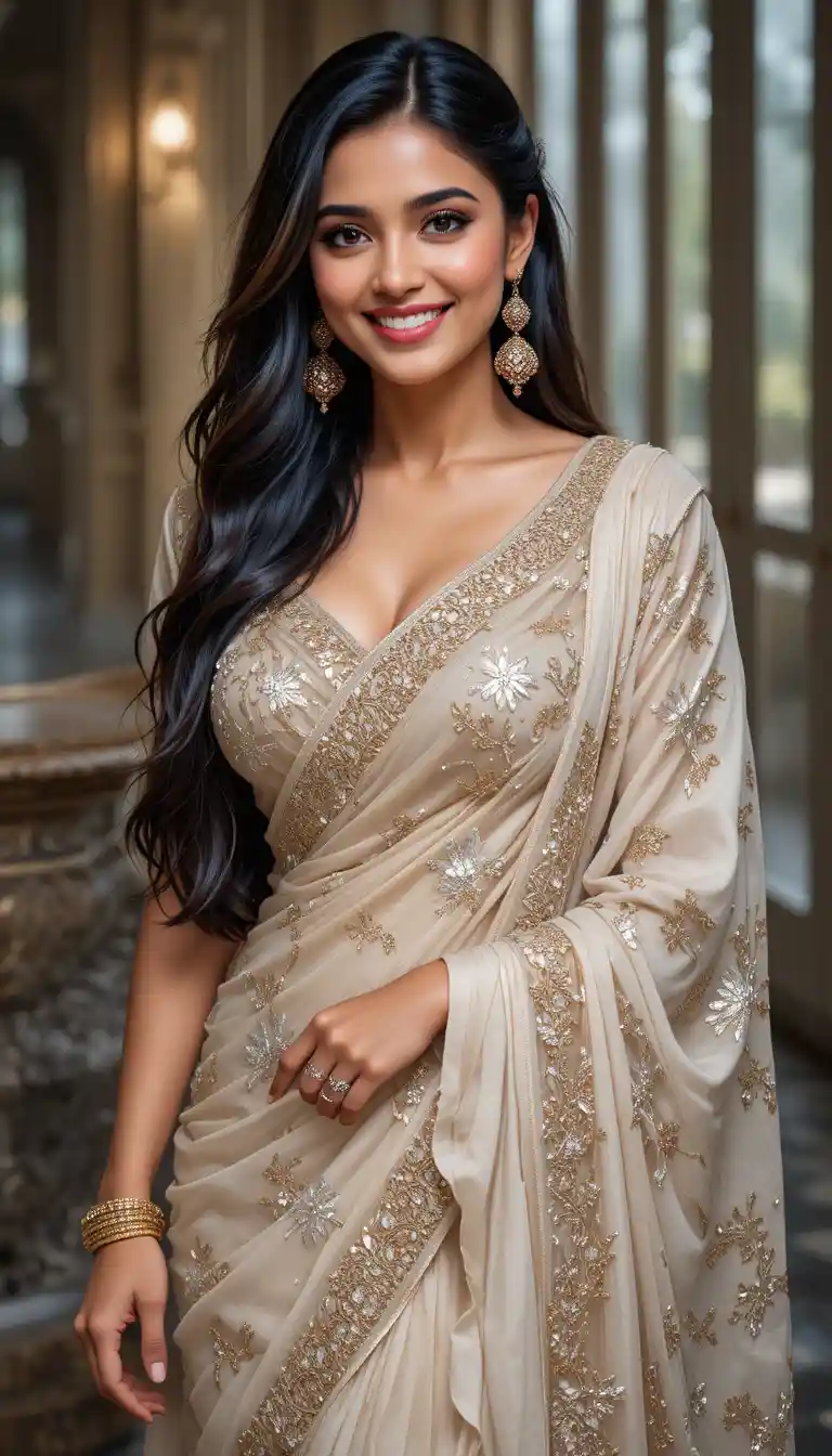 Elegant Indian woman smiling with long dark flowing hair