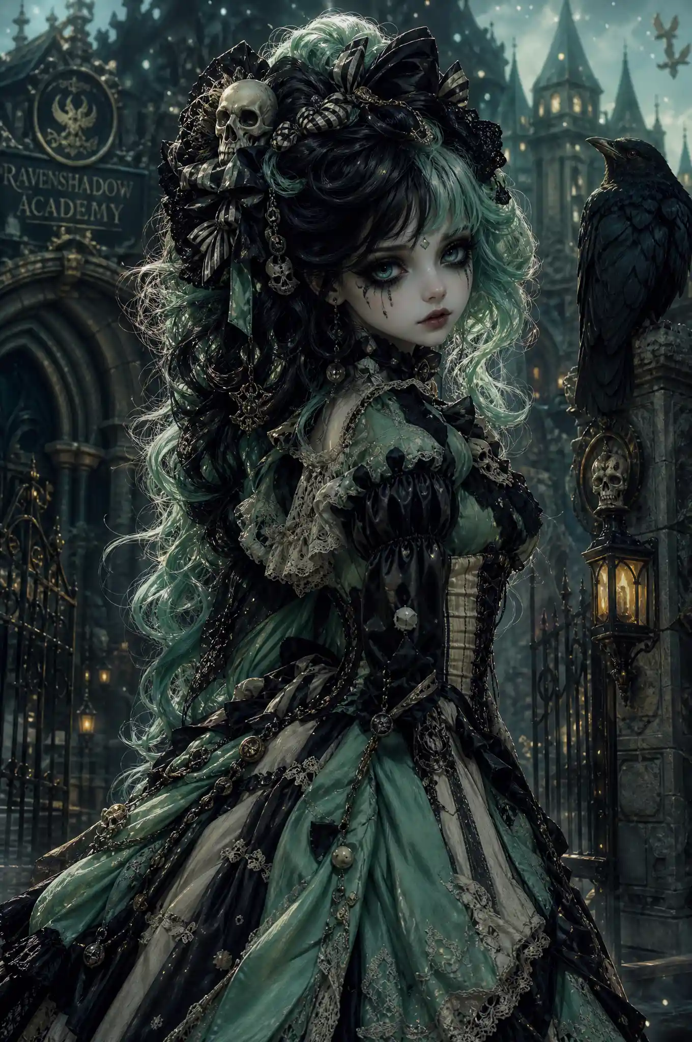 Gothic doll student with mint hair in haunted academy