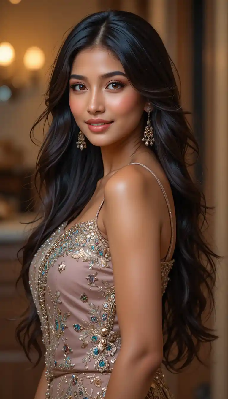 Elegant Indian woman smiling in a stylish traditional outfit
