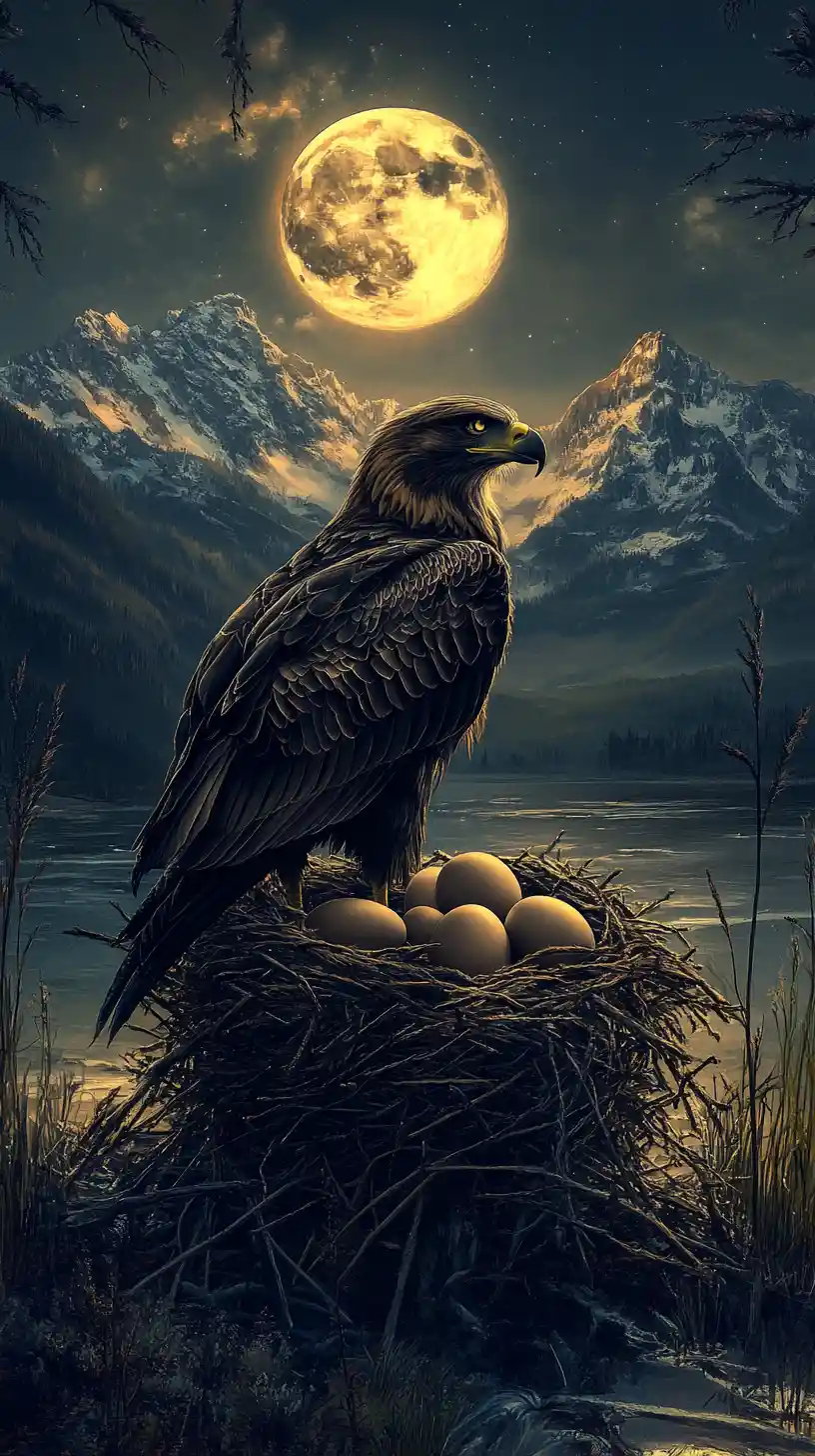 Eagle Guarding Its Nest Under The Full Moon