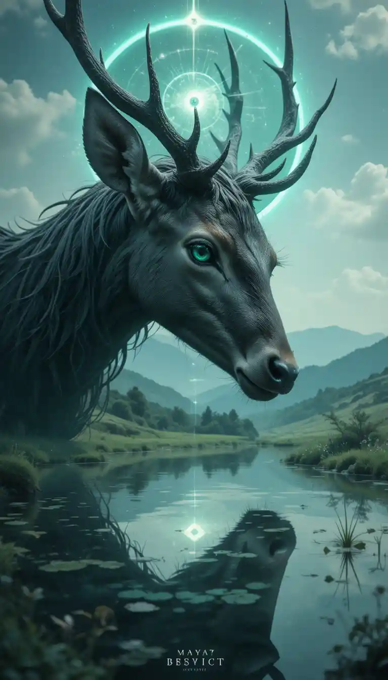 Mystical deer with emerald eye by a reflective water pool