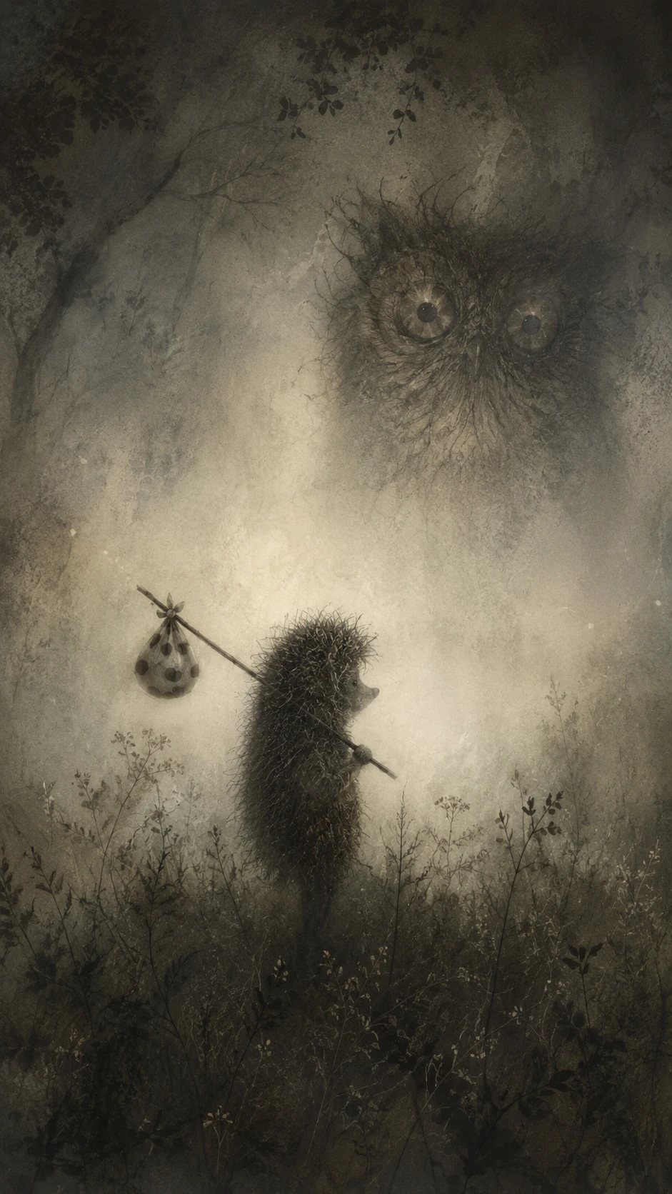 Surreal hedgehog in foggy enchanted forest with distant owl