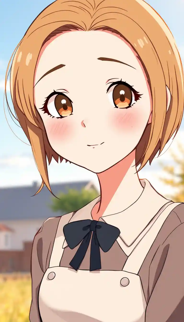 Gelassene Manga-Schülerin im Preppy-Outfit im Morgengrauen im Freien