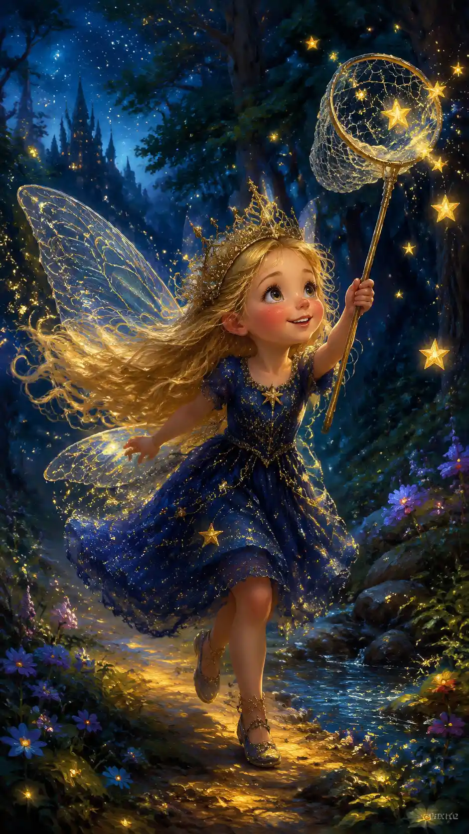 Fairy girl chasing golden stars in a moonlit forest