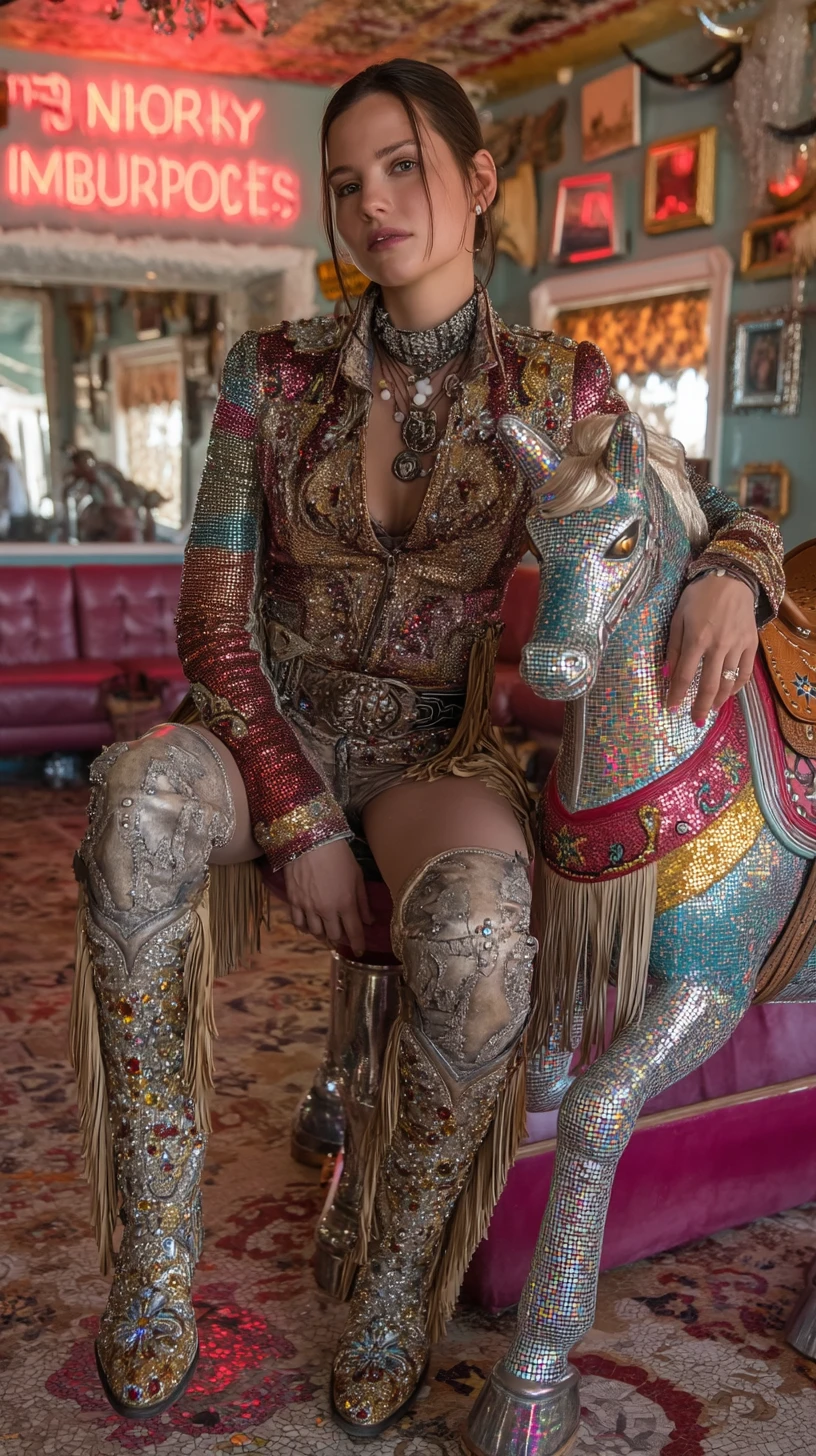 Disco cowgirl queen posing beside a mechanical bull