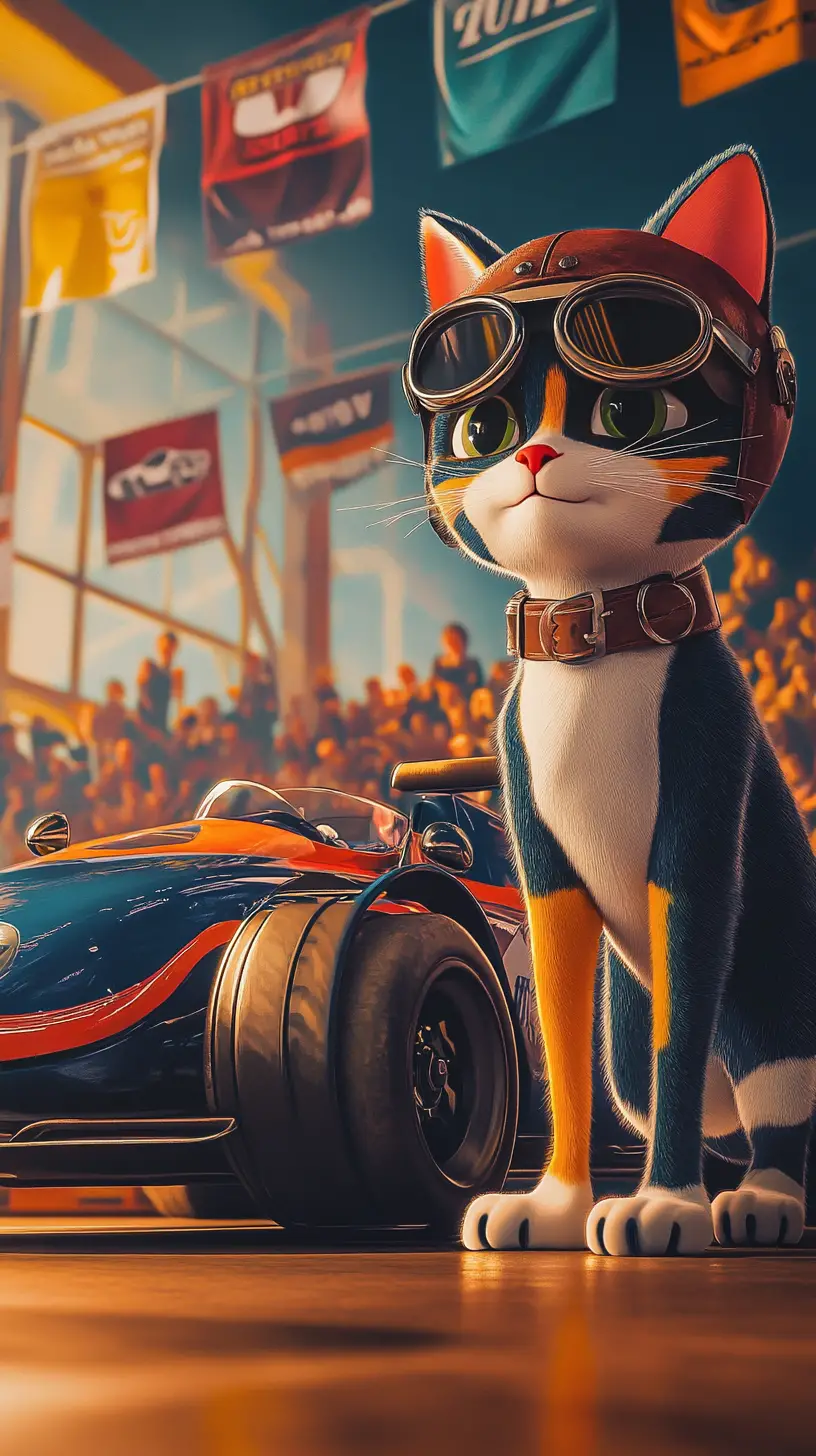 Anthropomorphic racing cat beside colorful formula car