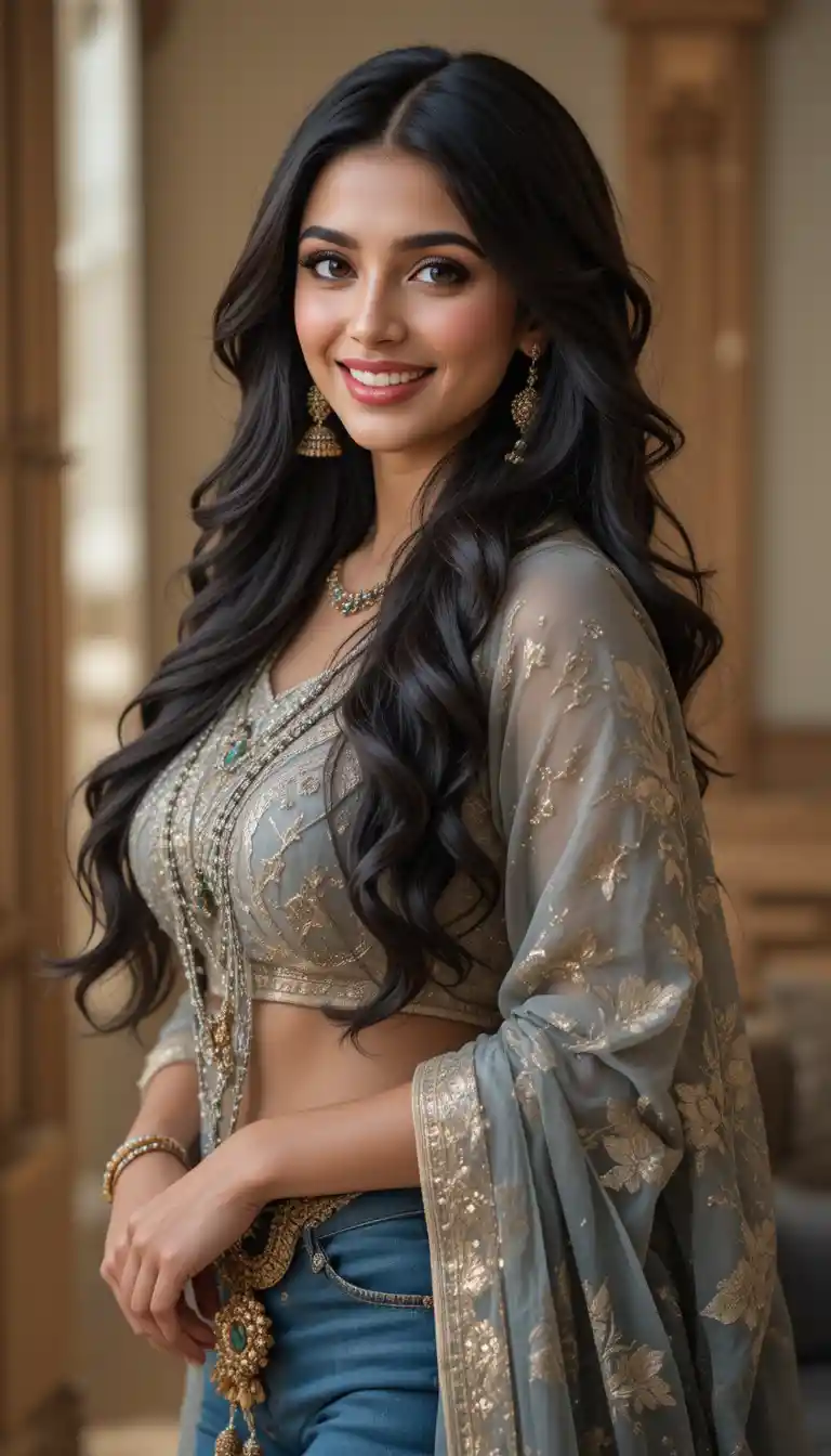 Elegant Indian woman smiling in a stylish traditional outfit