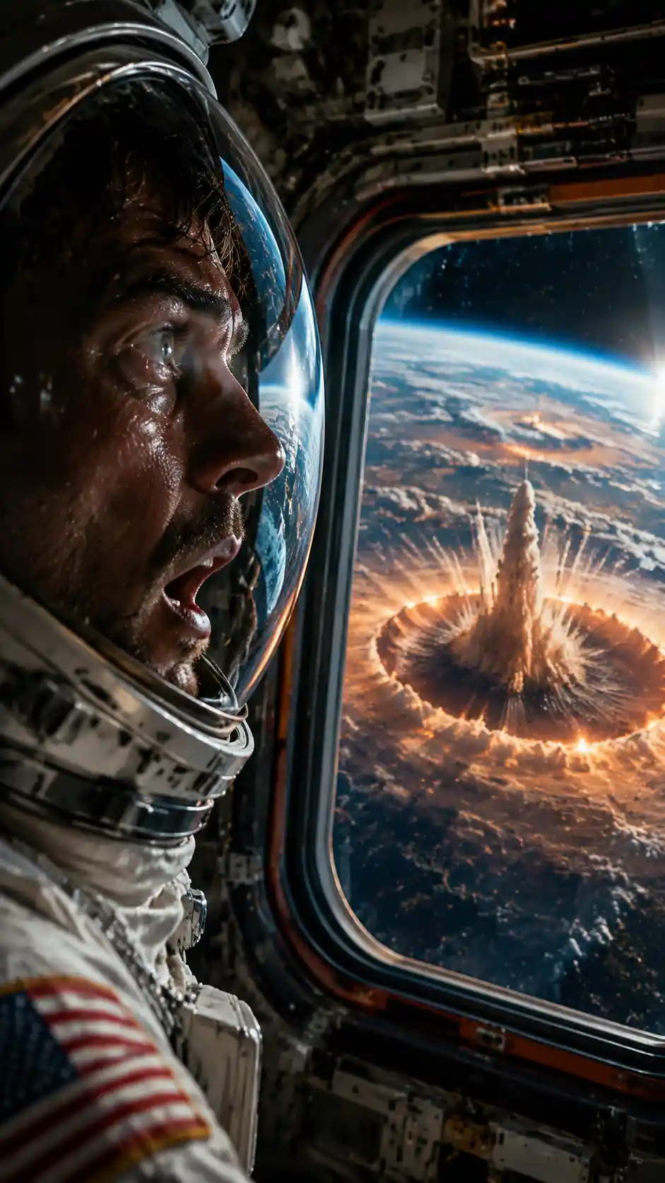 Terrified Astronaut Floating Beside Space Station Observation Window