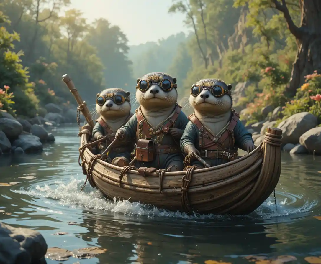 Whimsical Otters Steering A Steampunk Riverboat Through Fantasy