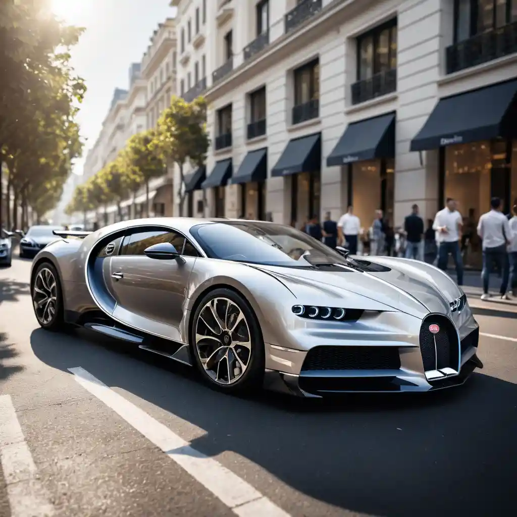 Silver hypercar on a luxury city boulevard with onlookers