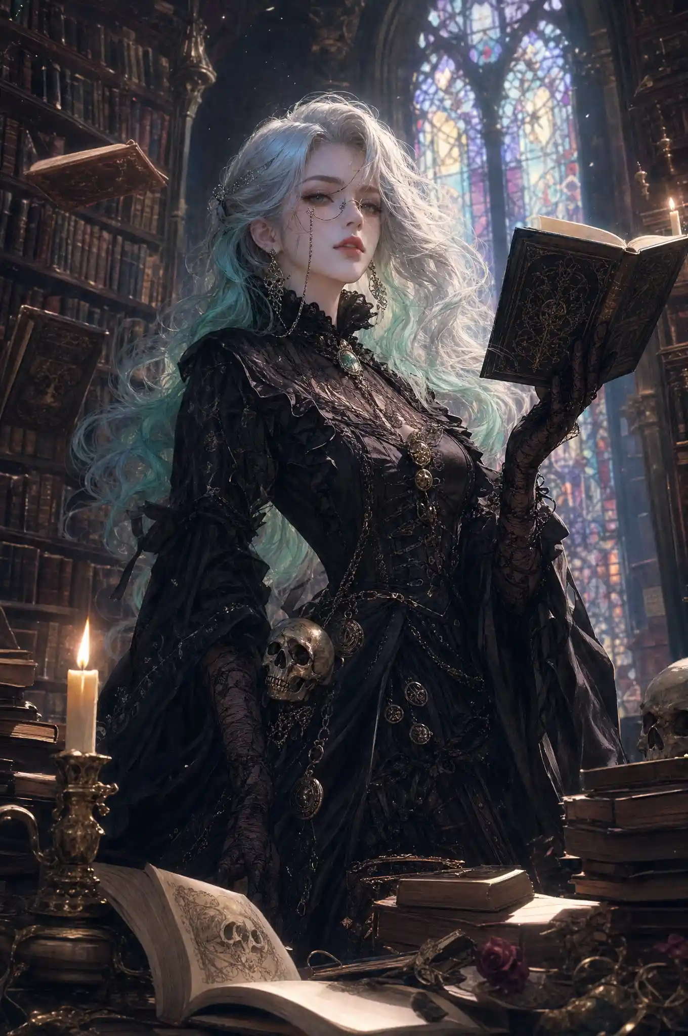 Elegant silver haired woman in gothic library candlelight