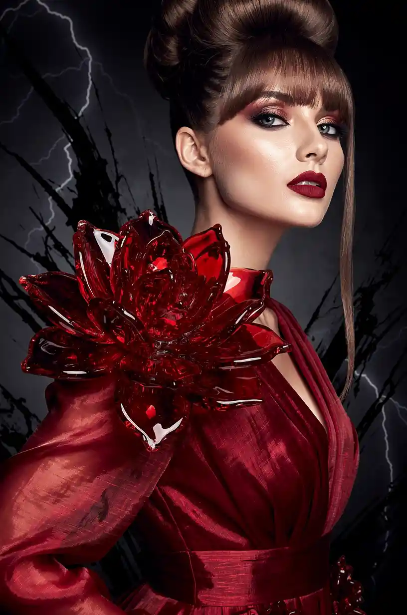 Glamorous woman in ruby dress with glass bloom