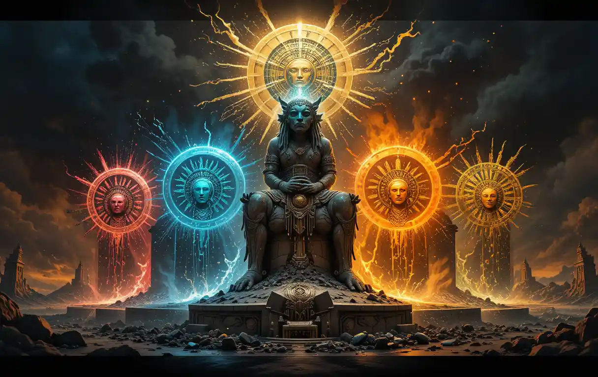 Vertical digital timeline of the five Aztec suns