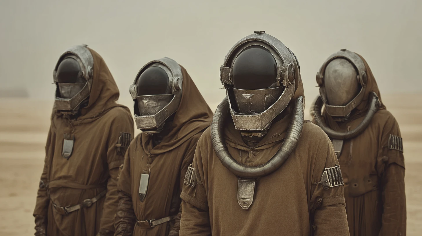 Robotic desert monks crossing a barren nuclear wasteland