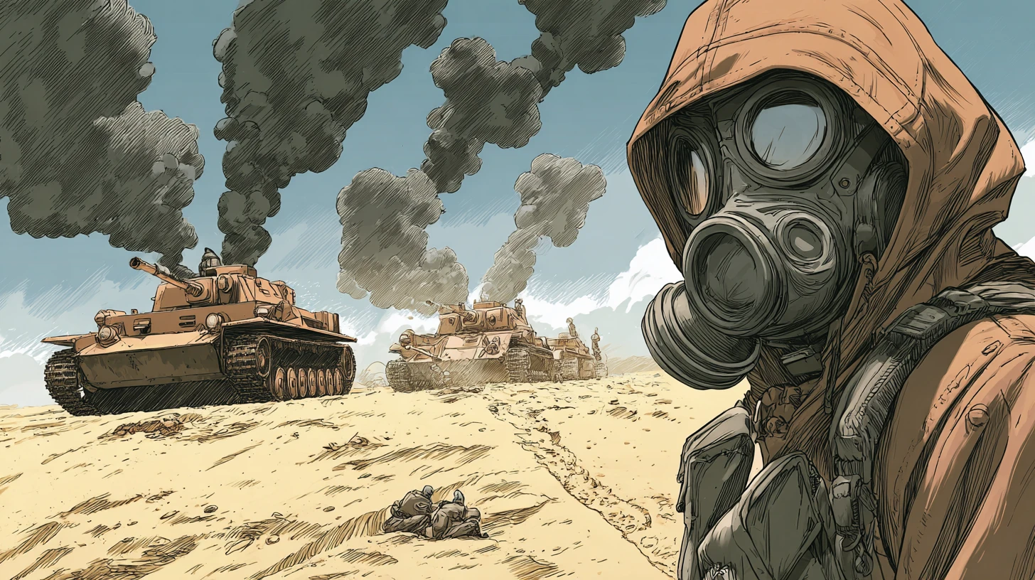 German tanks advancing through a harsh desert battlefield