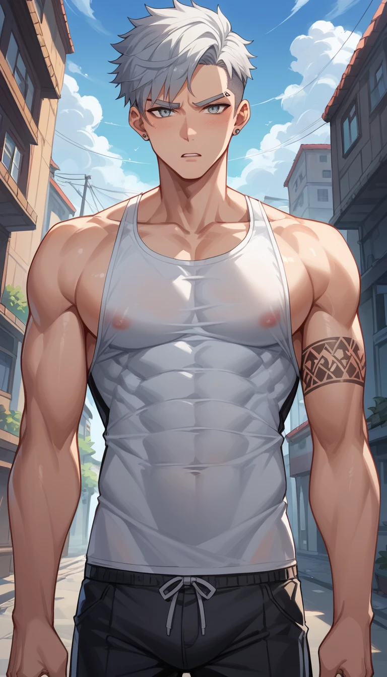 Muscular silver haired man in rocky outdoor landscape