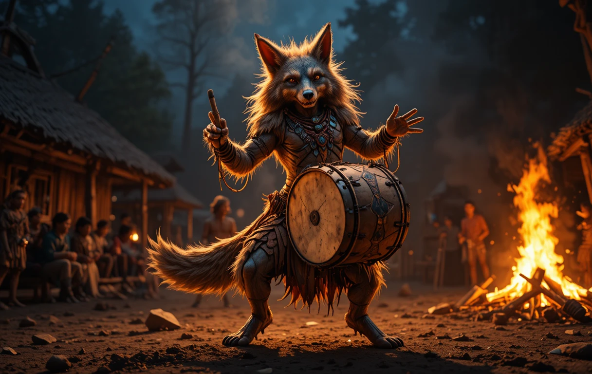 Coyote headed trickster god dancing with drum by bonfire
