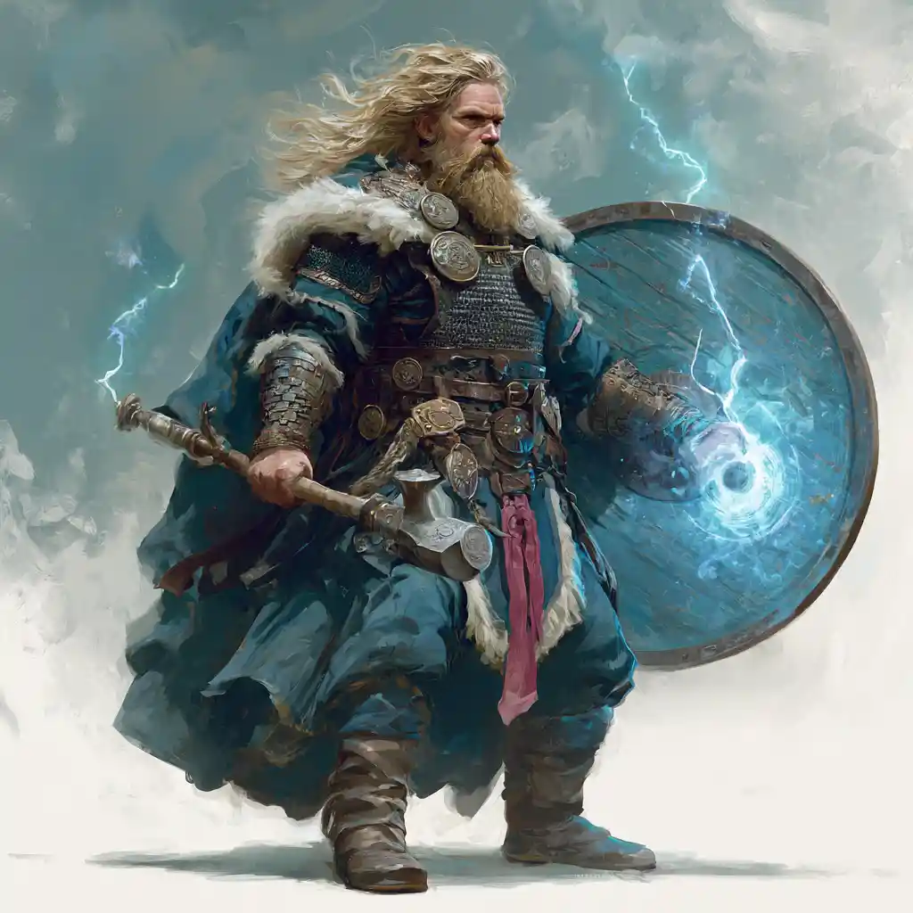 Viking cleric woman wielding hammer and shield in storm