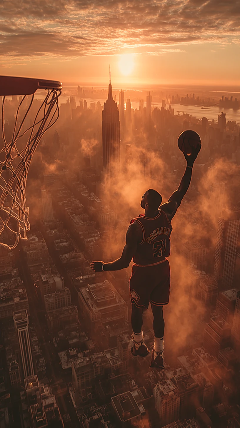 Giant basketball player soaring above New York skyline