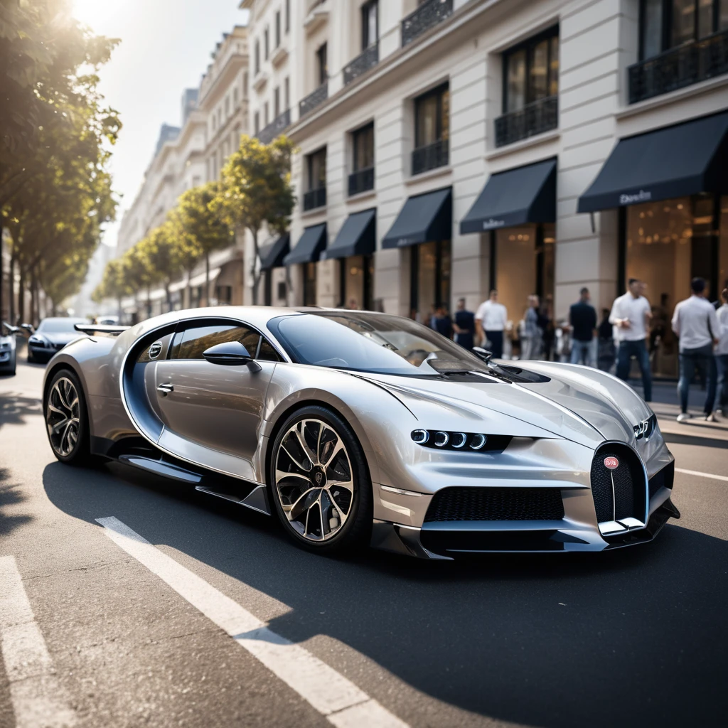 Silver hypercar on a luxury city boulevard with onlookers