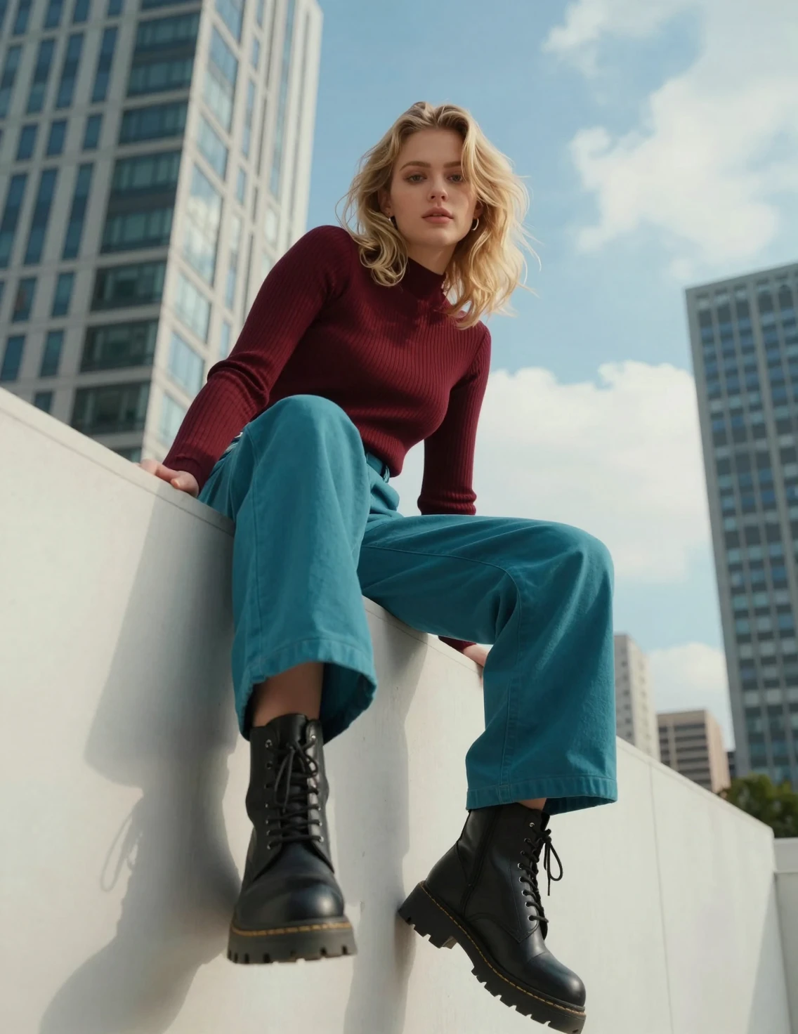 Young woman in boots sitting above a modern city