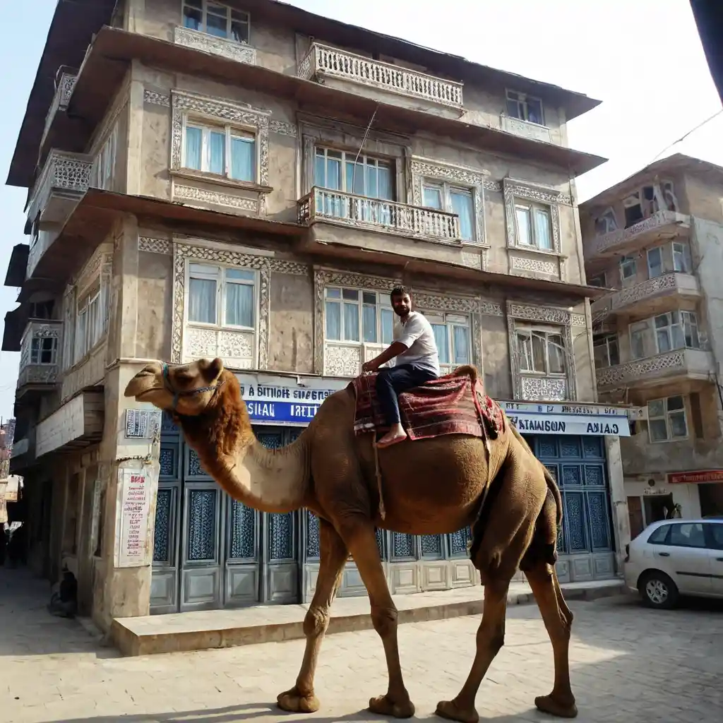 Traveler riding a camel across a lonely desert landscape