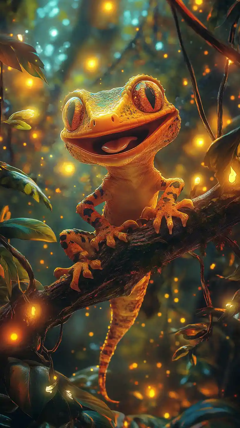 Cheerful cartoon gecko laughing on a branch in fantasy forest