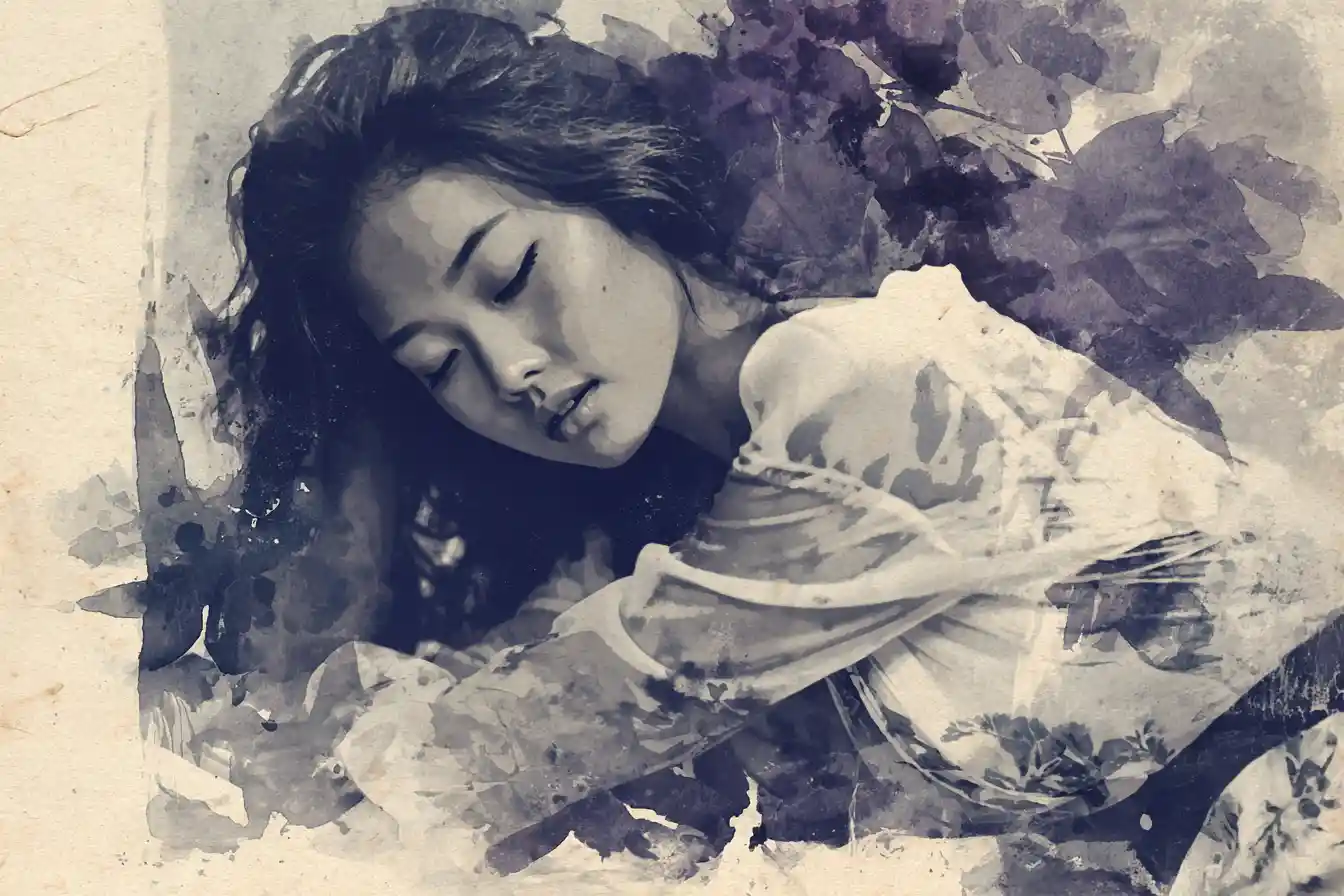 Ethereal woman falling through flowing ink and watercolor