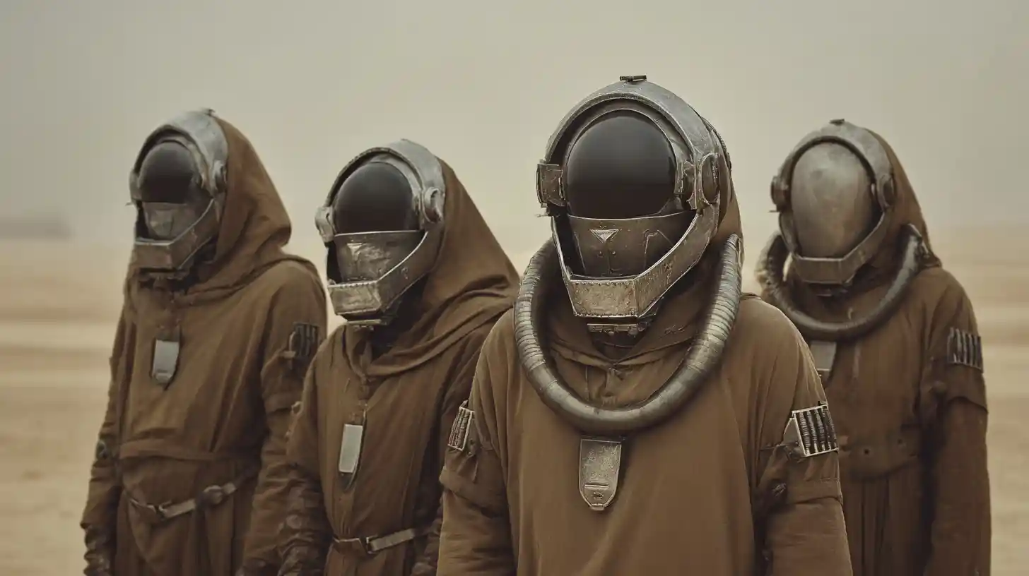 Robotic desert monks crossing a barren nuclear wasteland