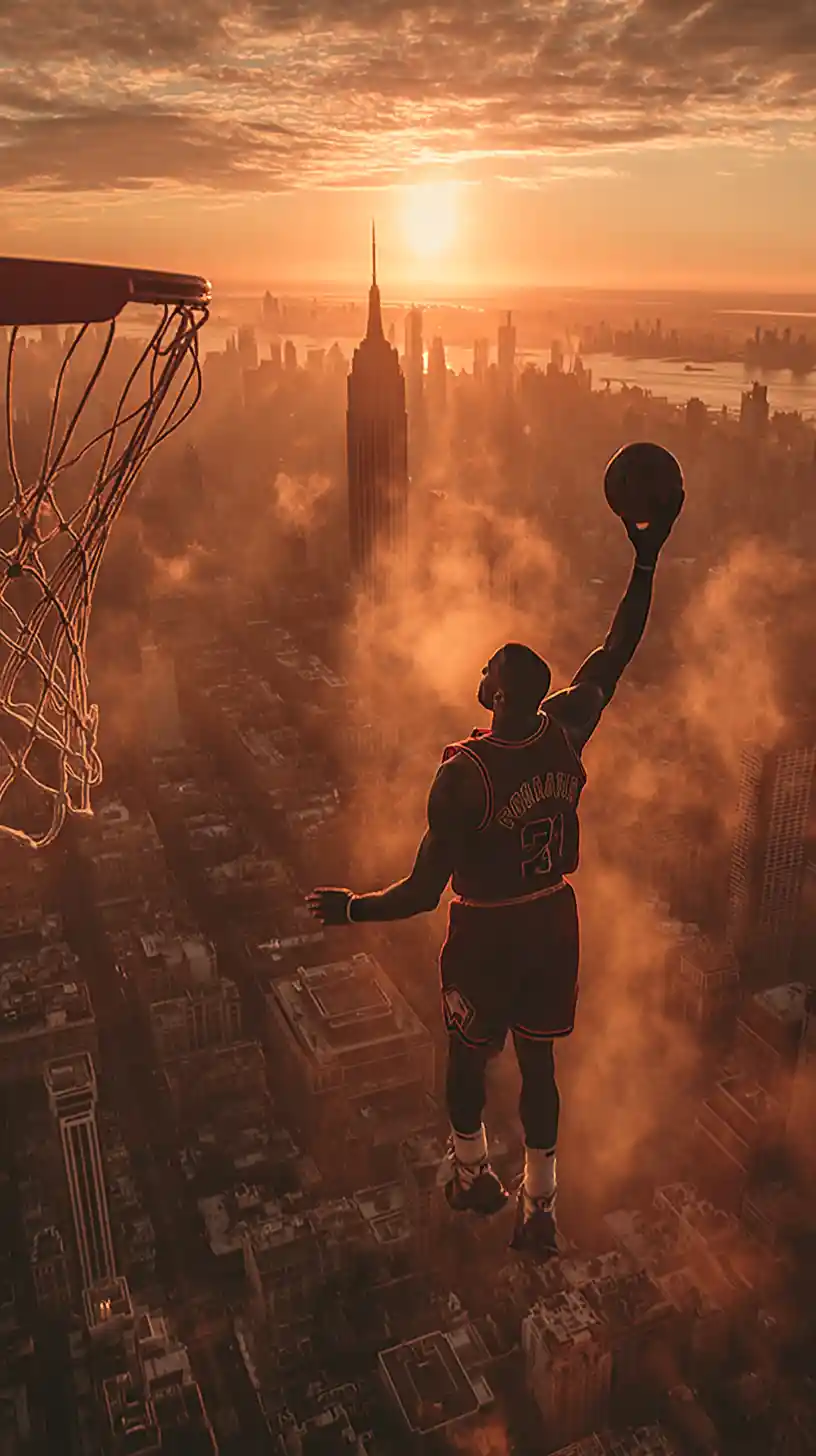 Giant basketball player soaring above New York skyline