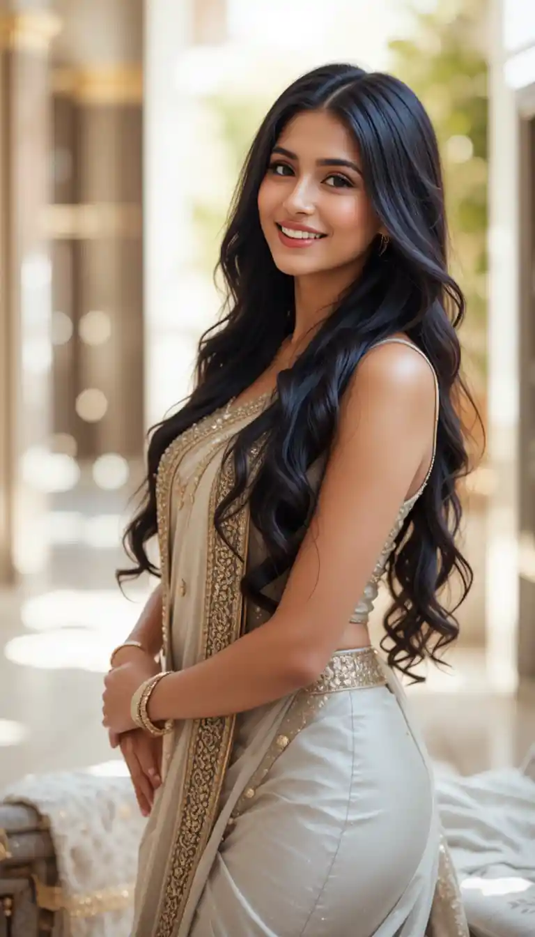 Elegant Indian woman smiling in a modern traditional outfit