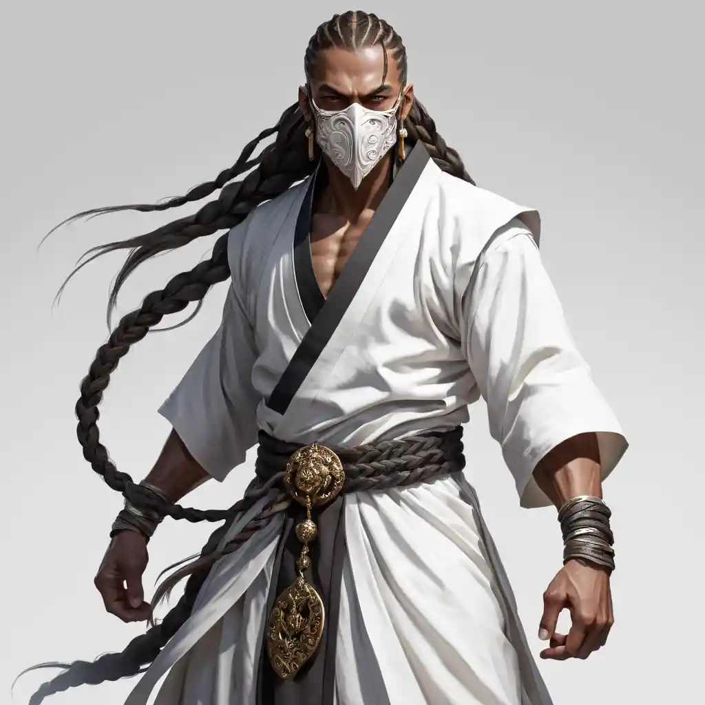 Fantasy monk martial artist in white robe and mask