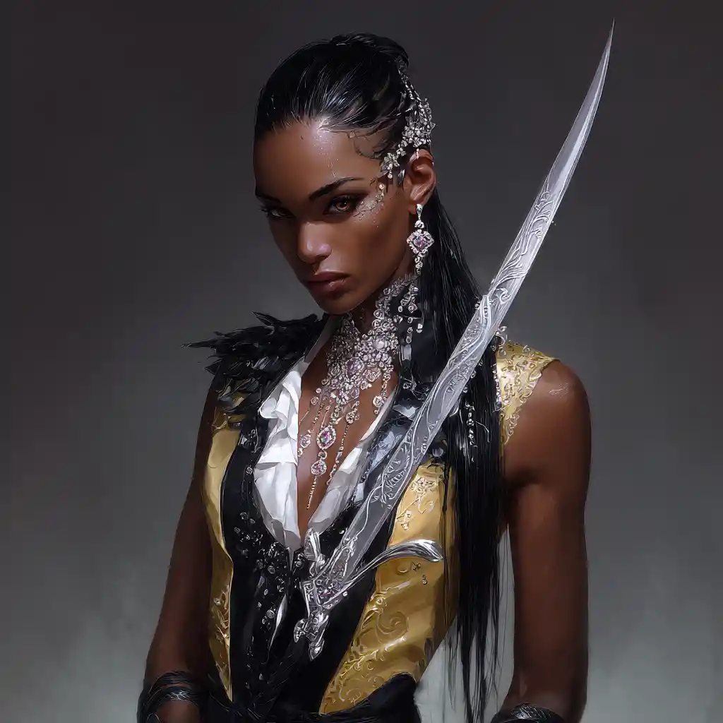 Elegant fantasy dancer with amber eyes and jeweled sword