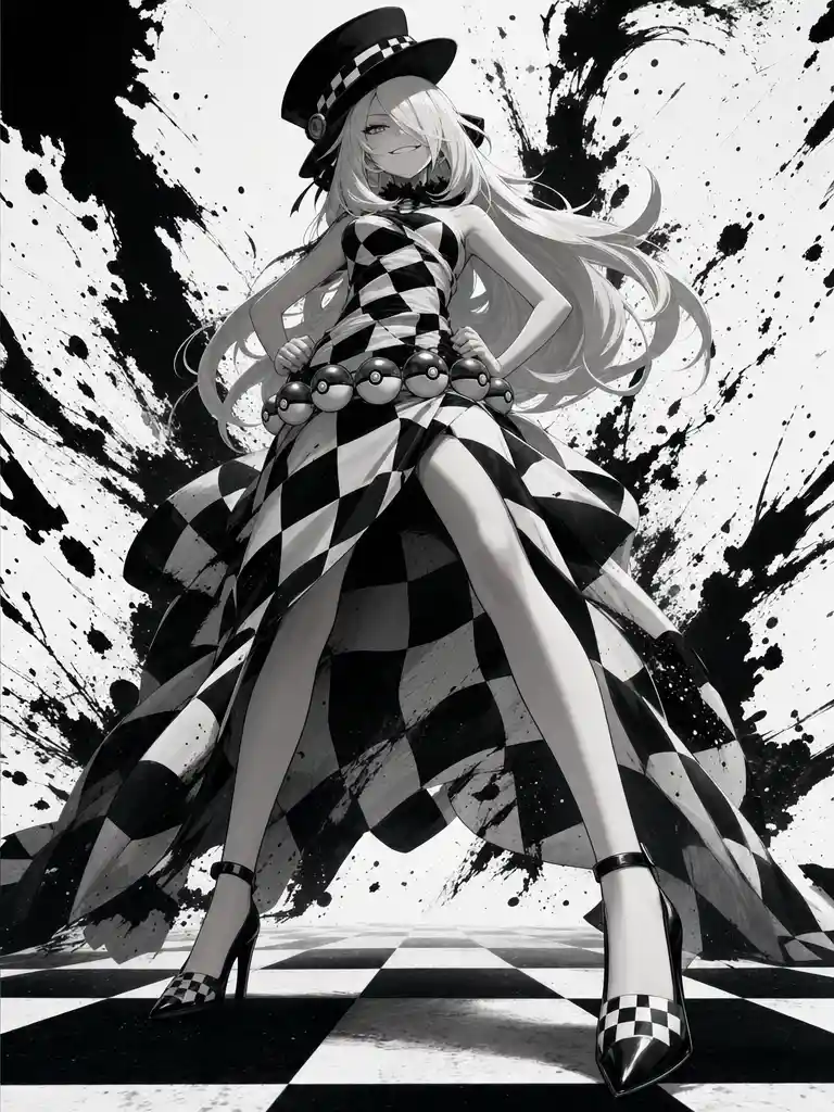 Sinister anime woman on giant monochrome chessboard floor