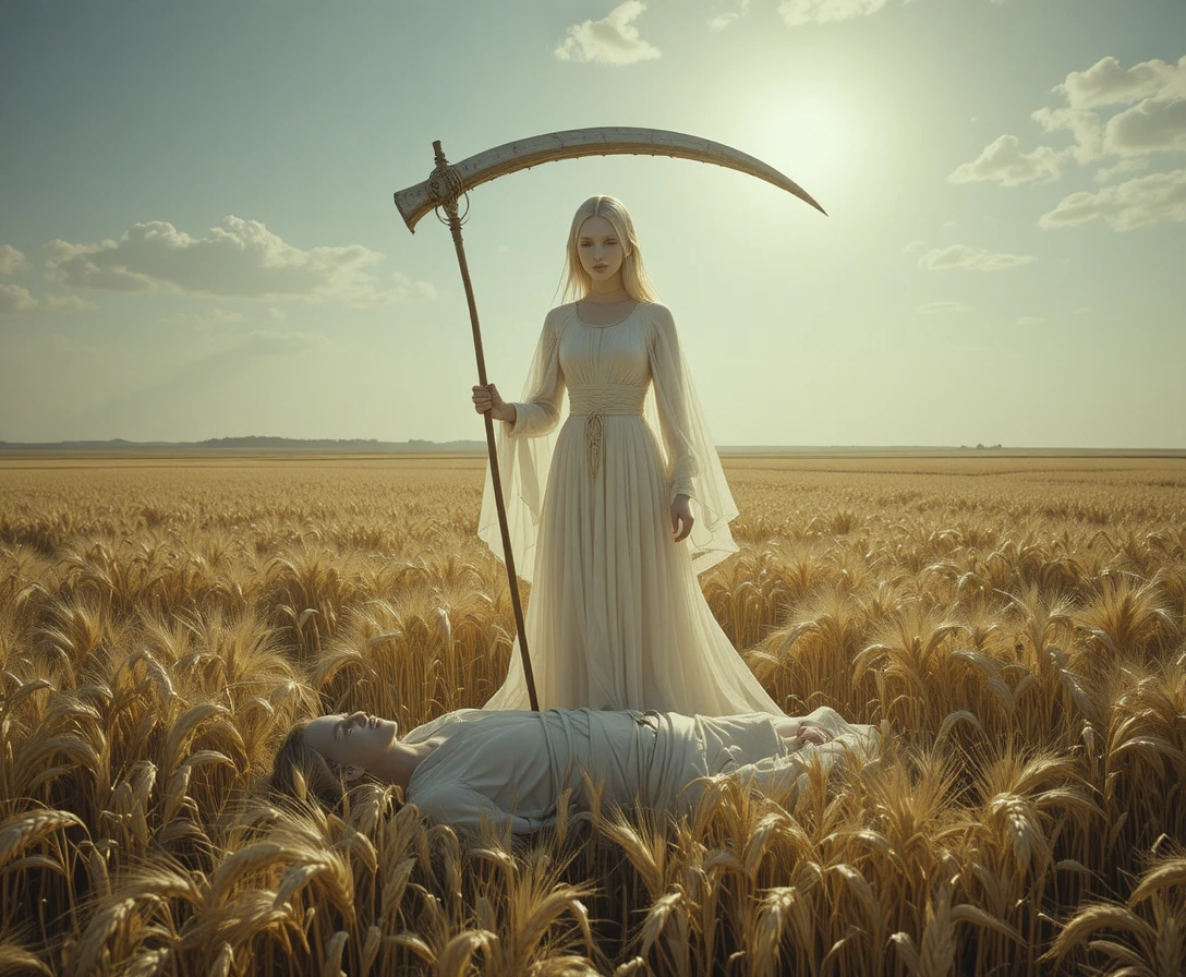 Terrifying lady in white with scythe in blazing wheat field