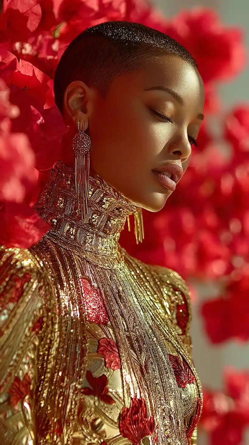 Arabian fashion model in golden dress with floral backdrop