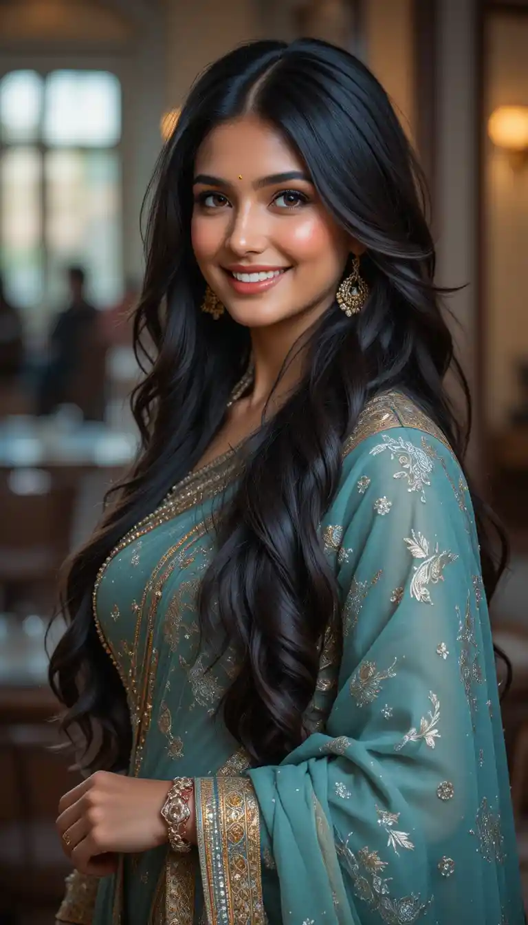 Elegant Indian woman smiling in a traditional modern outfit