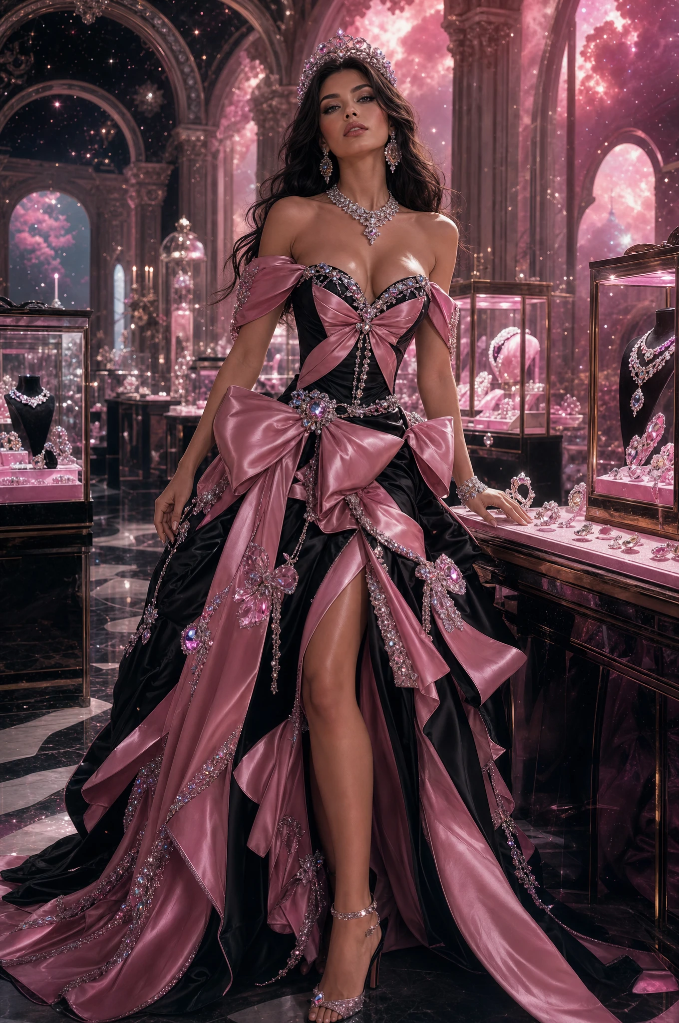 Morena glamurosa con vestido negro y lazos rosas