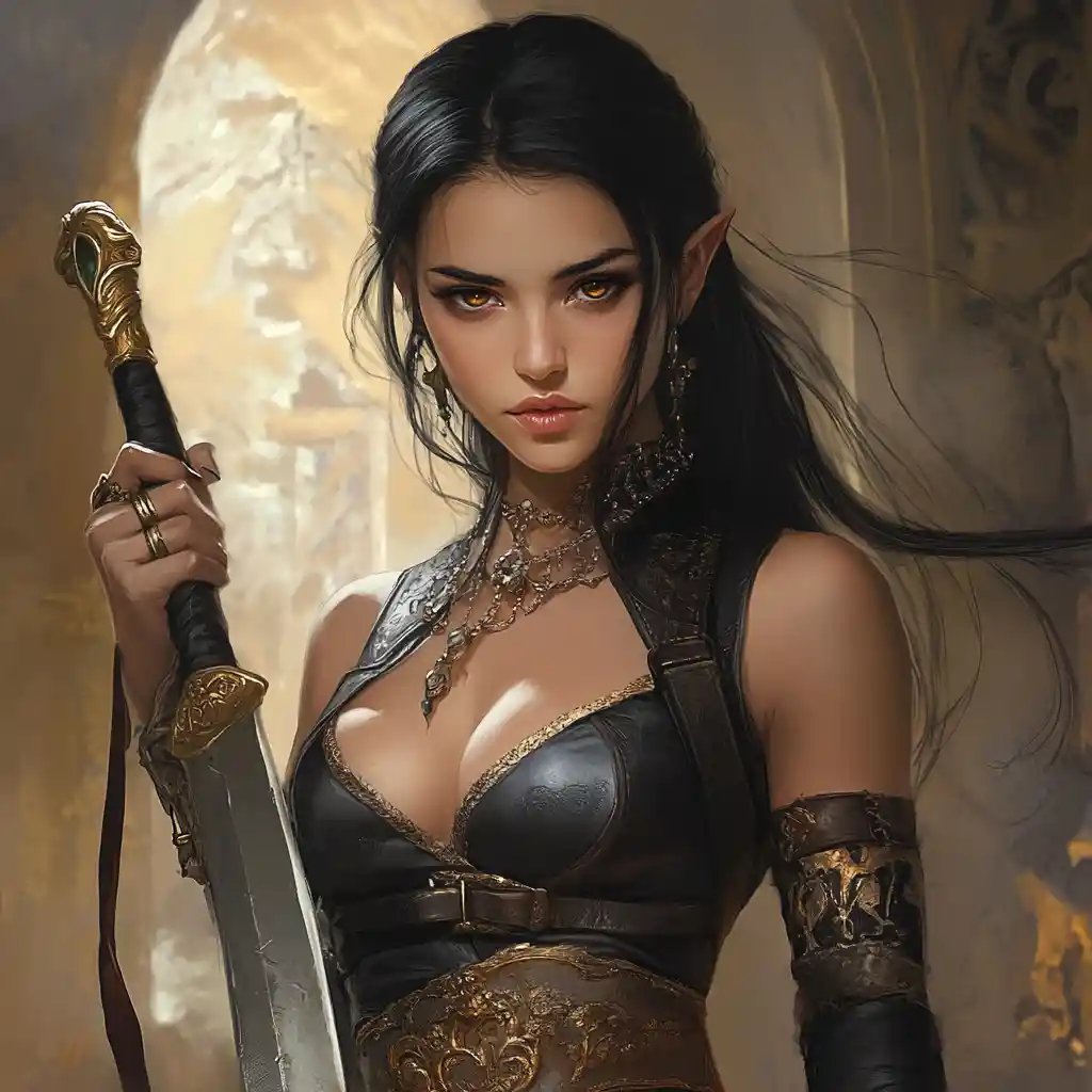 Elegant fantasy dancer with jeweled curved sword and amber eyes