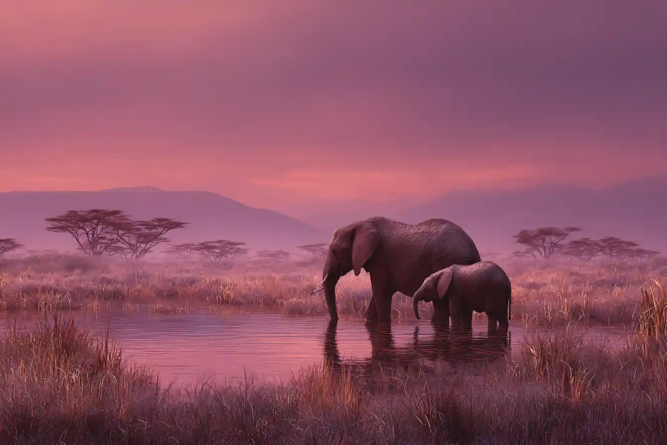 Elephants At Serengeti Watering Hole Under Jewel Tone Sunset