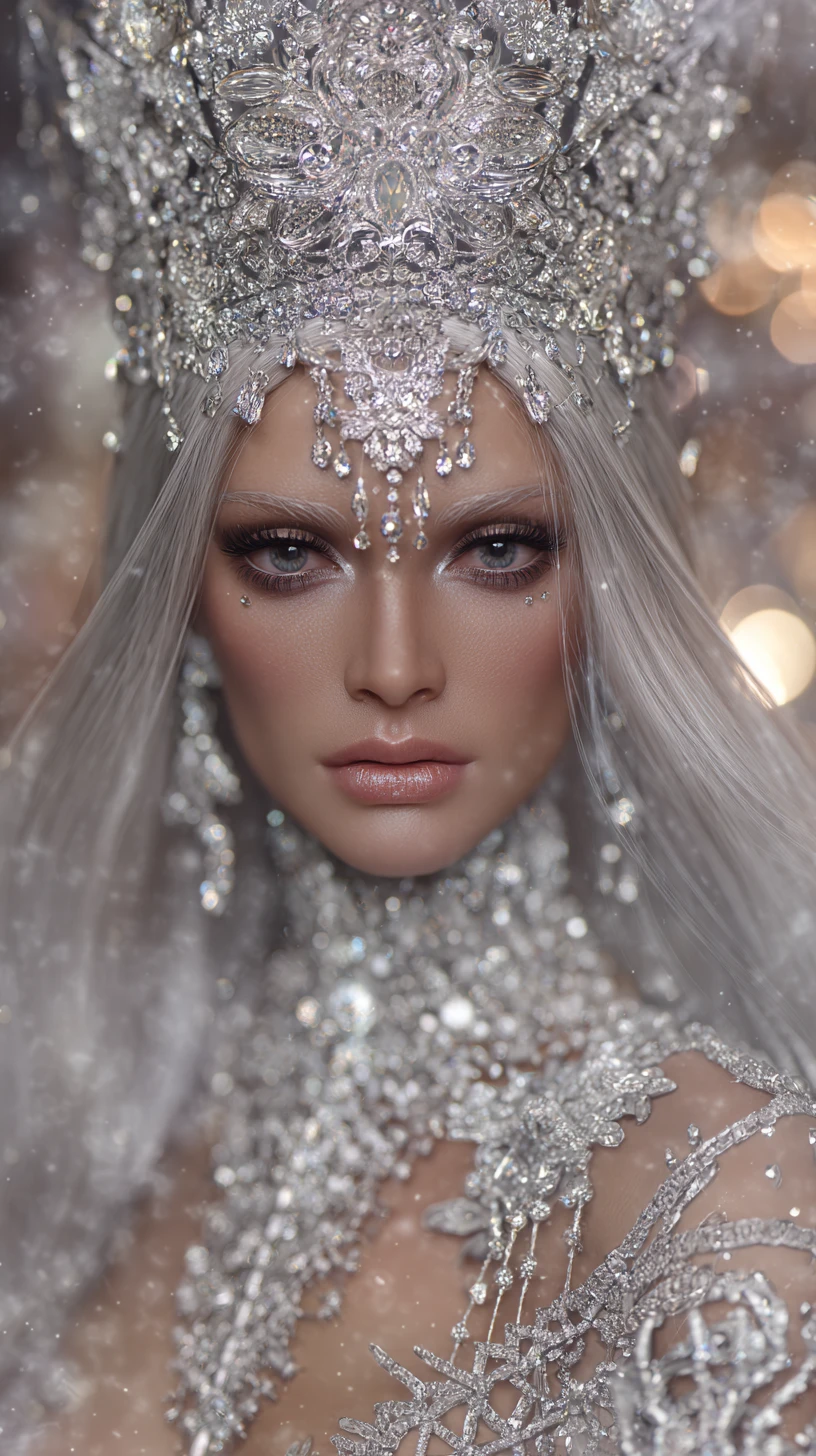 Eterea regina dei ghiacci con corona tempestata di gioielli e abito couture