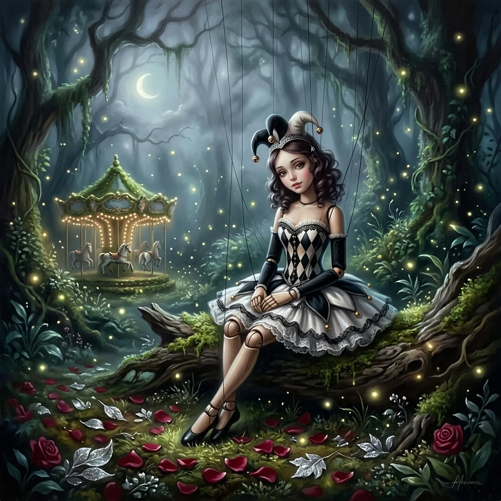 Marionette Woman In Enchanted Forest With Glowing Carousel