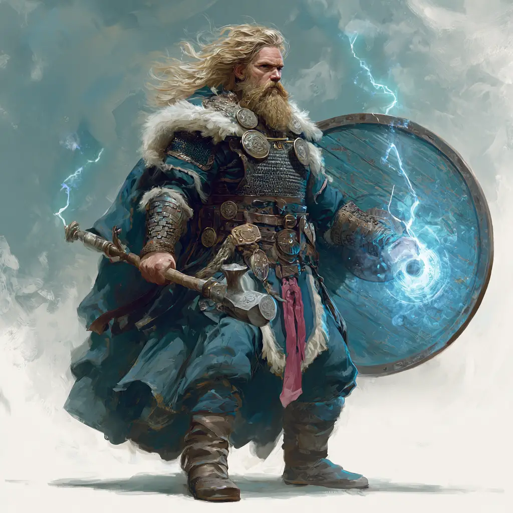 Viking cleric woman wielding hammer and shield in storm