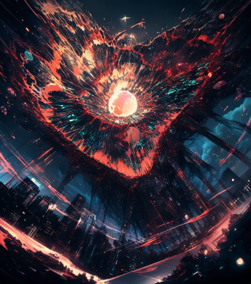 Torn night sky revealing colossal cosmic entities above city lights