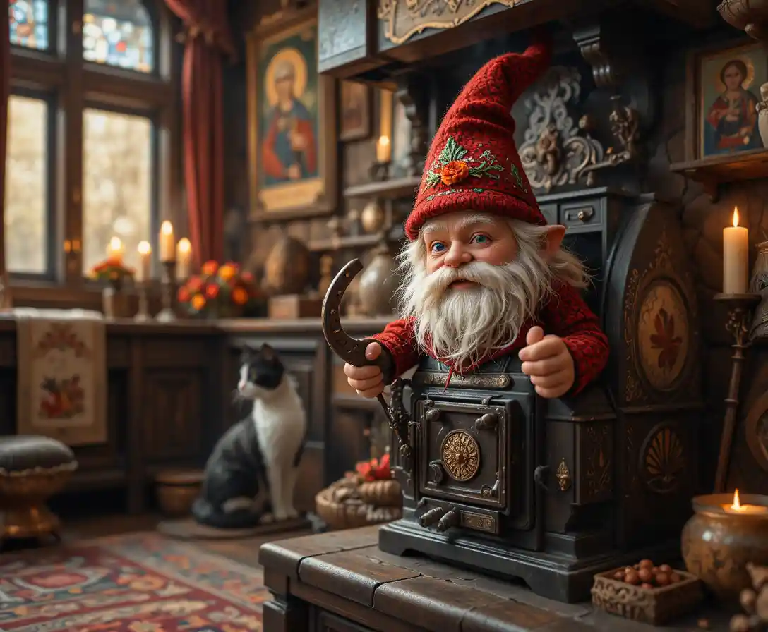 Cozy house spirit peeking from behind a warm Russian stove